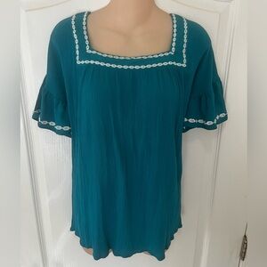 Wrangler Retro Teal Flutter Sleeve Blouse with White Embroidery, Size L